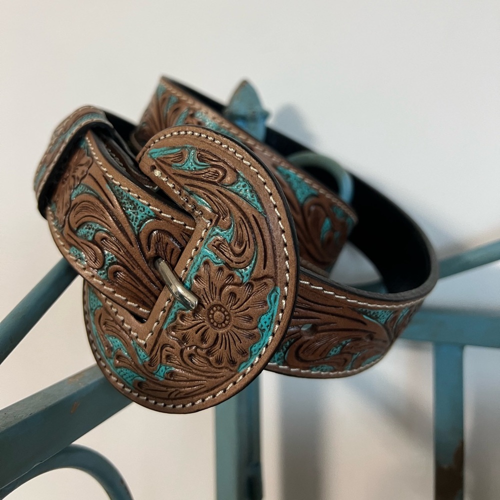 Hand-tooled Leather Black silver buckle Turquoise Belt Myra Bag Western boho M - Picture 2 of 8